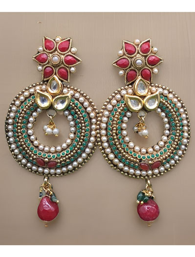 Antique Traditional Style Round Shaped Long Kundan Earrings