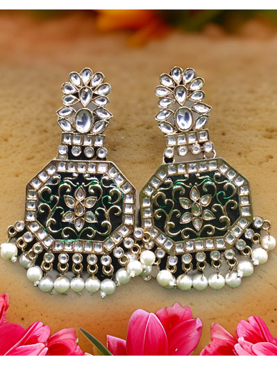 Fancy Polki Kundan Long Earrings with Meenakari Polish