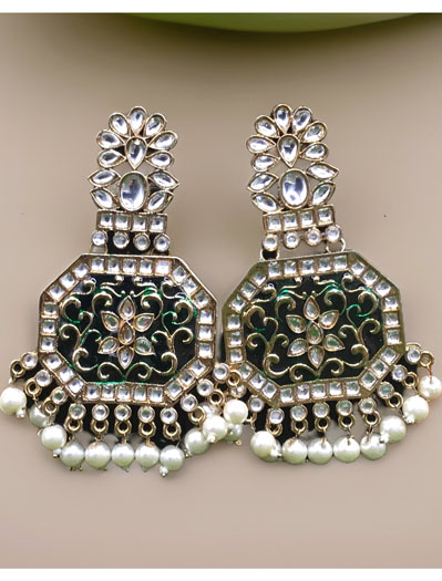 Fancy Polki Kundan Long Earrings with Meenakari Polish