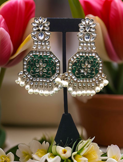 Fancy Polki Kundan Long Earrings with Meenakari Polish