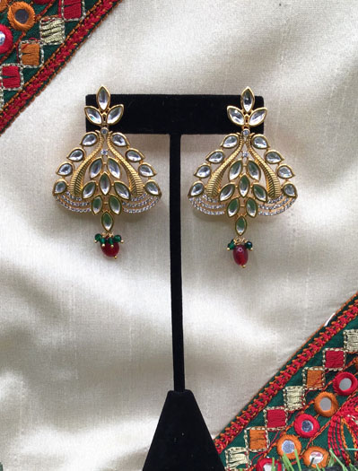 Gold plated Uncut Polki Kundan CZ Statement Earrings