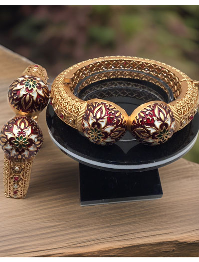 Rajasthani traditional culture inspired Matt Gold Finish Kada with beautiful Meenakari work