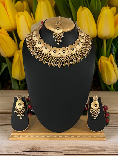 Beautifully Crafted Rajputi Style Gold plated Coin Shaped Choker Set with maangtika