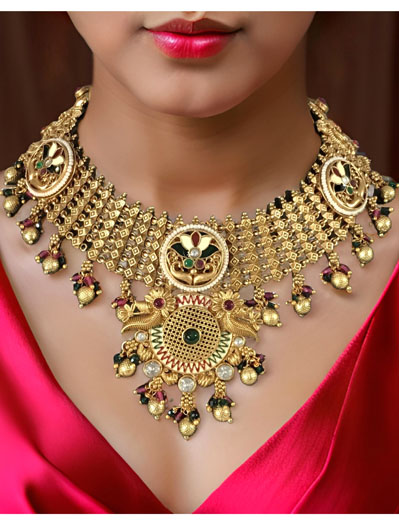 Antique gold finish rajwadi meenakari choker set with maangtika