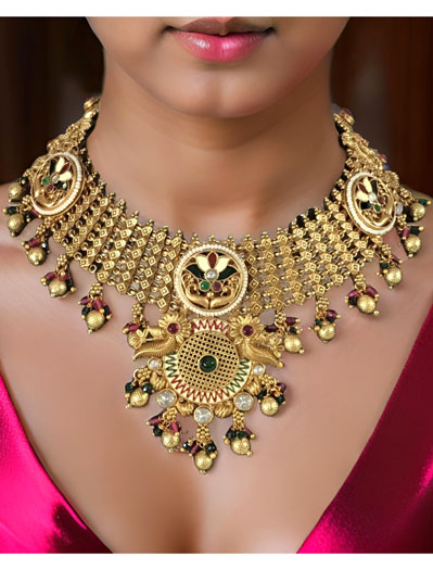 Antique gold finish rajwadi meenakari choker set with maangtika