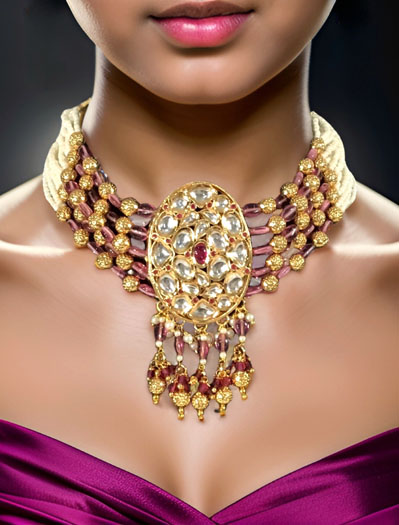 Kundan Choker Set Adorned With Pearls, Pastel Pink and Gold Beads