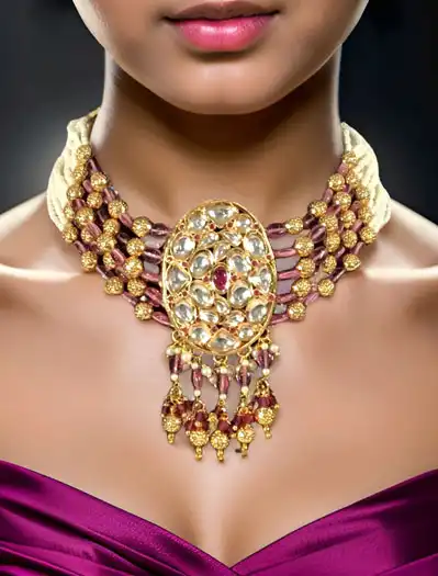 Kundan Choker Set Adorned With Pearls, Pastel Pink and Gold Beads