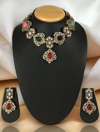 Sabyasachi Inspired Victorian Choker Style Necklace Set with Multicolor stones