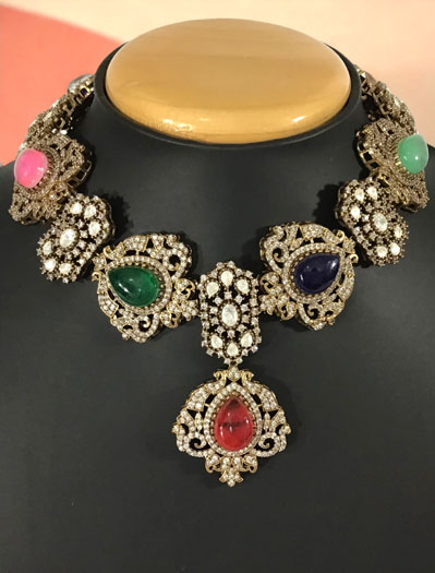 Sabyasachi Inspired Victorian Choker Style Necklace Set with Multicolor stones