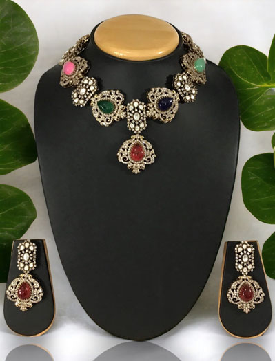 Sabyasachi Inspired Victorian Choker Style Necklace Set with Multicolor stones