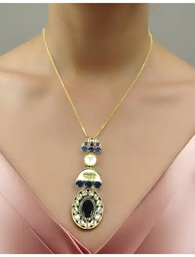 Exclusive Designer Mother of Pearls Navy Blue doublet stone pendant set with a gold plated chain