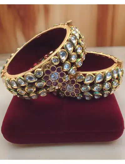 Premium Quality Kundan openable kada bracelet in Antique gold finish with Ruby stones