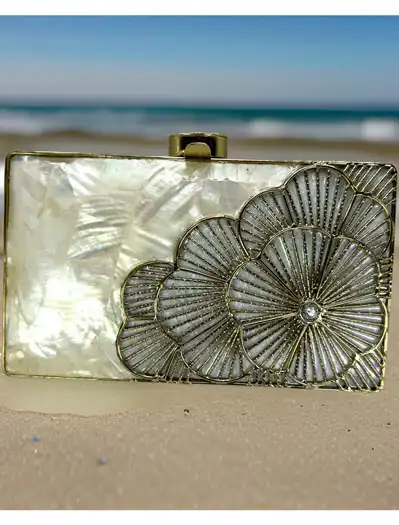 Golden Flower Embellished MOP Two Way Clutch Purse