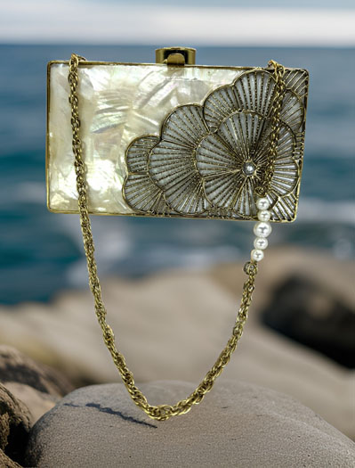 Golden Flower Embellished MOP Two Way Clutch Purse