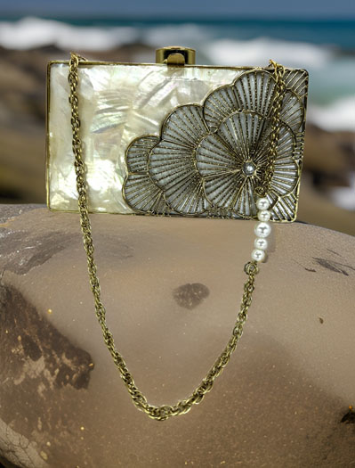 Golden Flower Embellished MOP Two Way Clutch Purse