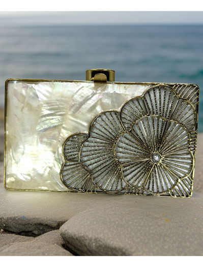 Golden Flower Embellished MOP Two Way Clutch Purse