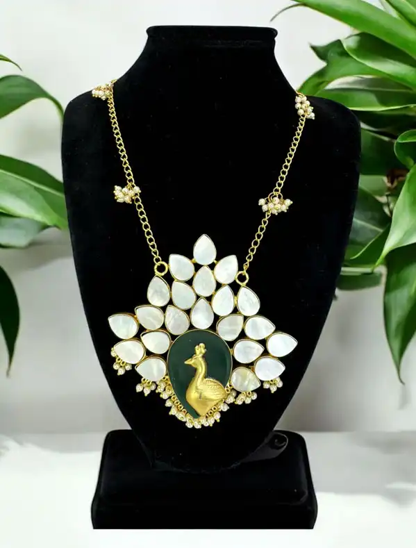 Bollywood Inspired Mother of Pearls Peacock Pendant Long Necklace