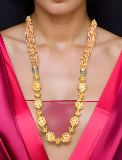 Exquisite Long Pearl Mala Set with Meenakari Kundan