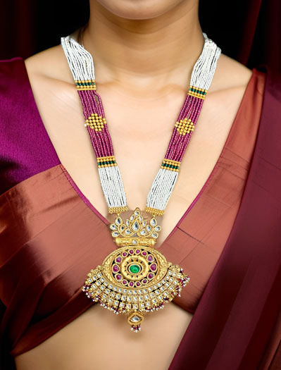 Rajwadi Polki Kundan Long Necklace Set