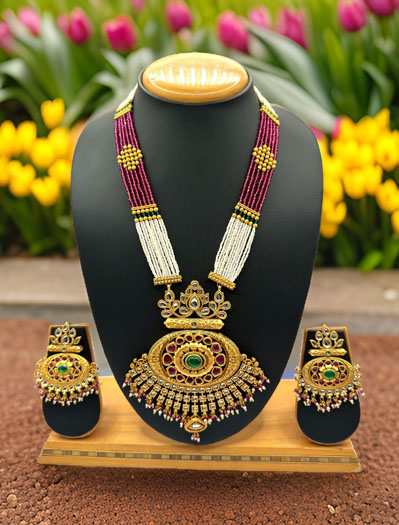 Rajwadi Polki Kundan Long Necklace Set