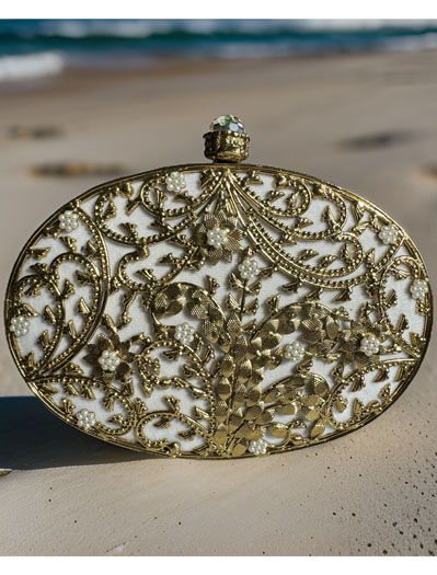 Gold Embellished Gazal Leaf Carved MOP Clutch