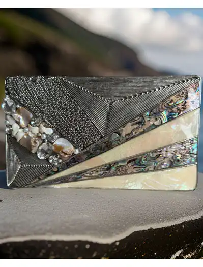 Silver MOTHER OF PEARL Inlay Brass Clutch purse