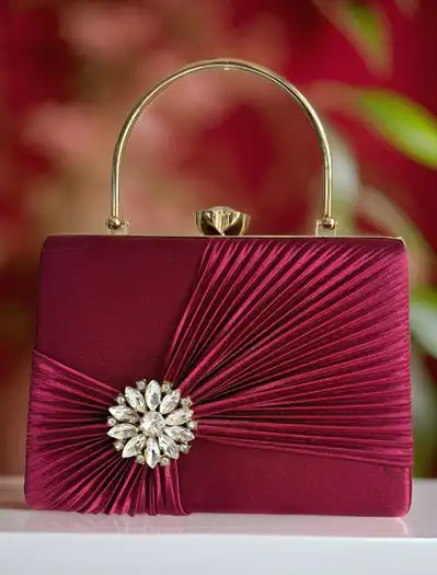 Satin Pleated Evening Bag with a Flower Brooch