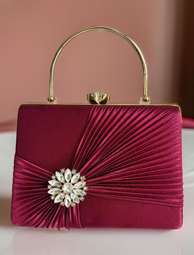 Satin Pleated Evening Bag with a Flower Brooch