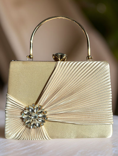 Satin Pleated Evening Bag with a Flower Brooch