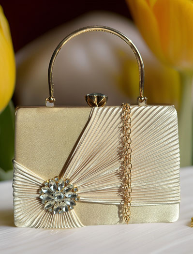 Satin Pleated Evening Bag with a Flower Brooch