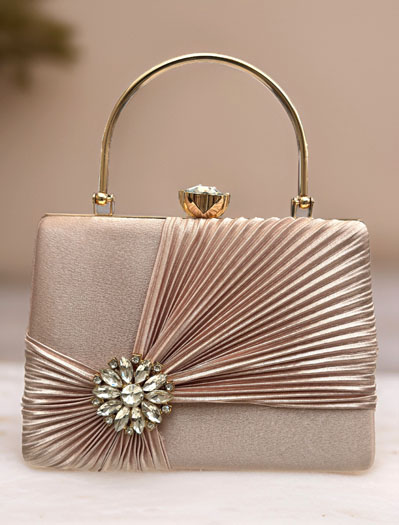 Satin Pleated Evening Bag with a Flower Brooch