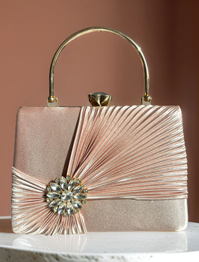 Satin Pleated Evening Bag with a Flower Brooch