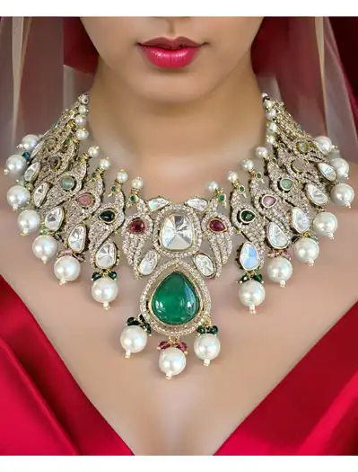 Bollywood Inspired Peacock Carved Kundan CZ Choker Set