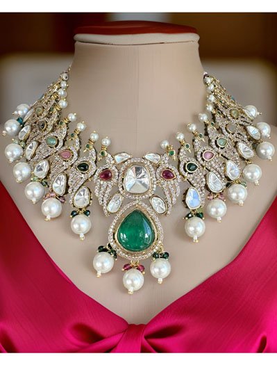 Bollywood Inspired Peacock Carved Kundan CZ Choker Set