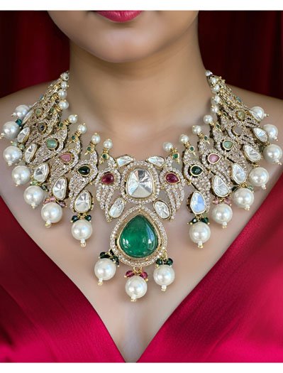 Bollywood Inspired Peacock Carved Kundan CZ Choker Set