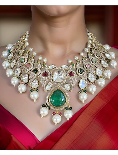 Bollywood Inspired Peacock Carved Kundan CZ Choker Set