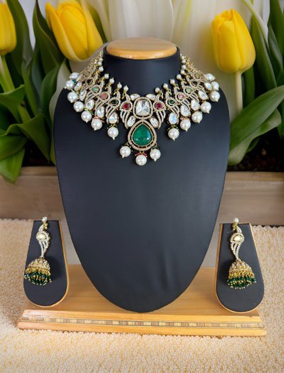 Bollywood Inspired Peacock Carved Kundan CZ Choker Set