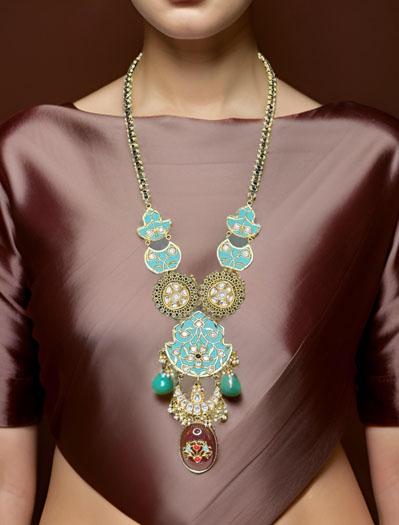 Sabyasachi Inspired Meenakari Fusion Pendant Long  Necklace Set