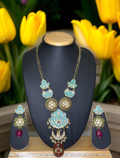 Sabyasachi Inspired Meenakari Fusion Pendant Long  Necklace Set