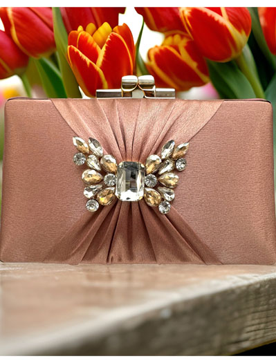 Satin Pleated Evening Bag with a Butterfly Brooch