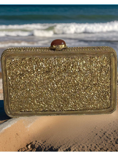 Matt Gold Intricate Designer Clutch with an Emerald Stone