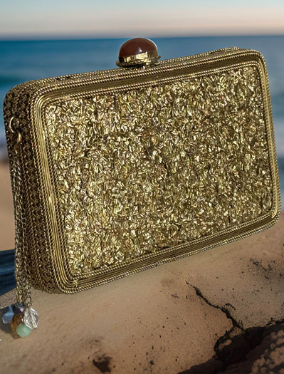 Matt Gold Intricate Designer Clutch with an Emerald Stone