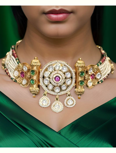 Gold plated Pearl and Pachi Kundan Rajwadi Choker Set