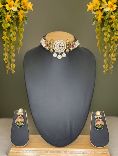 Gold plated Pearl and Pachi Kundan Rajwadi Choker Set