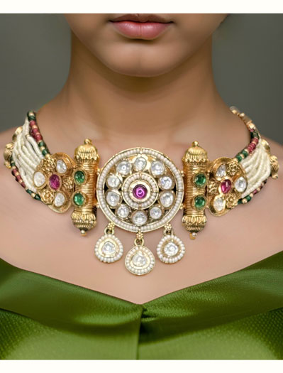 Gold plated Pearl and Pachi Kundan Rajwadi Choker Set