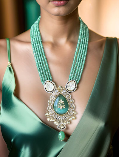 Gorgeous Mint Green Hydrobeads Kundan CZ Long Necklace Set