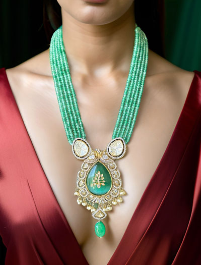 Gorgeous Mint Green Hydrobeads Kundan CZ Long Necklace Set