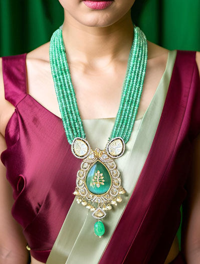 Gorgeous Mint Green Hydrobeads Kundan CZ Long Necklace Set