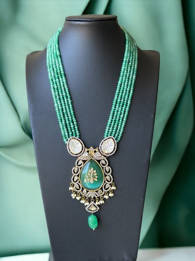 Gorgeous Mint Green Hydrobeads Kundan CZ Long Necklace Set