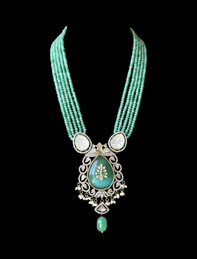 Gorgeous Mint Green Hydrobeads Kundan CZ Long Necklace Set